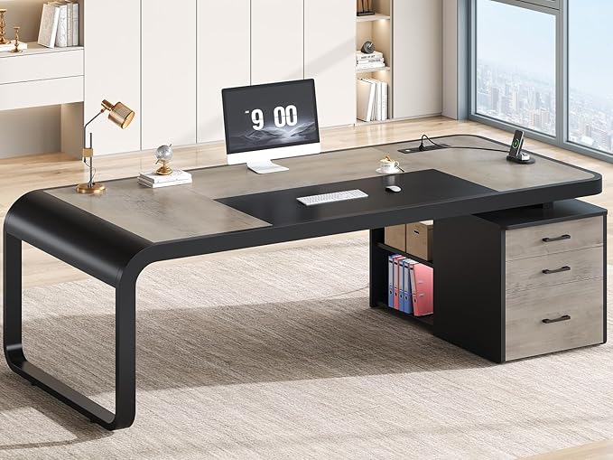 Itaar 70.9 Executive Desk Large Computer Desk with Drawers and Lateral File Cabinet Office Desk with Removable Shelves Business Furniture Desk Workstation for Home Office Gray