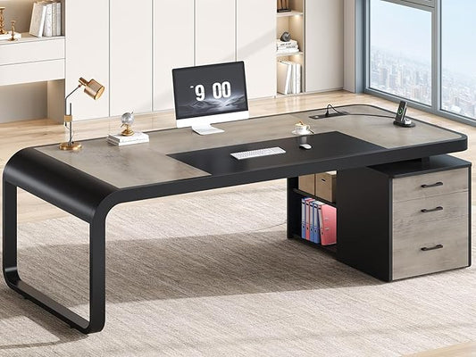 Itaar 70.9 Executive Desk Large Computer Desk with Drawers and Lateral File Cabinet Office Desk with Removable Shelves Business Furniture Desk Workstation for Home Office Gray