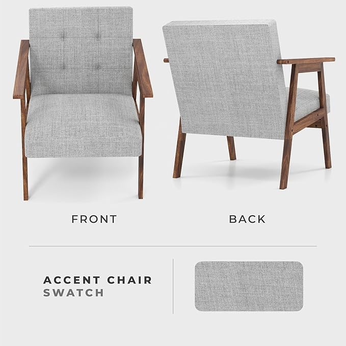 TARSHYRY Mid Modern Accent Chair Linen Upholstered Armchair with Rubber Wood Frame and Soft Cushion Comfortable Lounge Chair for Living Room Bedroom Balcony (Light Grey)