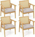 Giantex Modern Rattan Accent Chair Set of 4 Mid Century Accent Chairs w/Curved Backrest Detachable Padded Seat Cushion Solid Rubber Wood Frame Comfy Armchairs for Living Room Bedroom Natural
