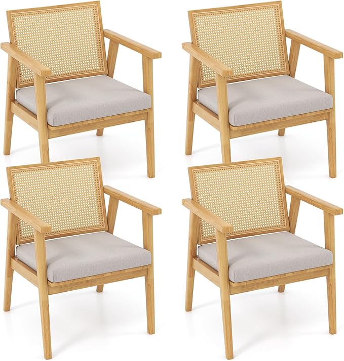 Giantex Modern Rattan Accent Chair Set of 4 Mid Century Accent Chairs w/Curved Backrest Detachable Padded Seat Cushion Solid Rubber Wood Frame Comfy Armchairs for Living Room Bedroom Natural