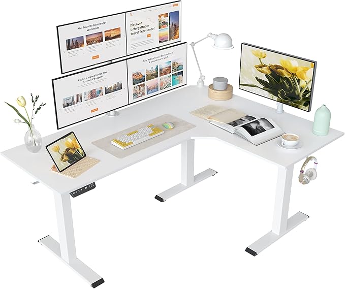 FEZIBO L Shaped Standing Desk with Triple Motors Electric Corner Desk 75 x 63 Inches Tabletop Ergonomic Computer Desk White Top