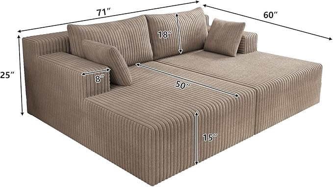 71-Inch Fluffy Corduroy Boneless Sleeper Daybed Loveseat Double Recliner Chaise Lounge Sofa Couches Floor Cloud Sofa Chaise W/4 Pillows for Home Apartment Living Room