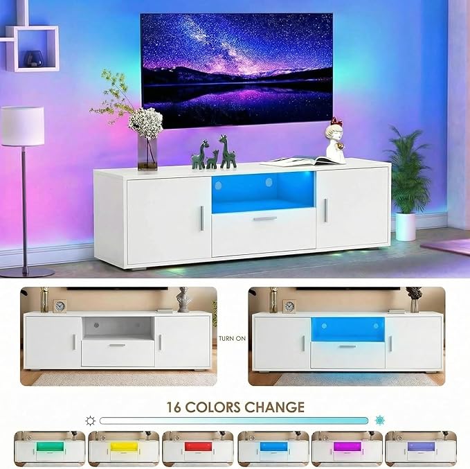 LED TV Stand for 32–55 Inch TVs – 51 Modern Entertainment Center with RGB Lights Glass Shelves &amp Large Storage Cabinet White Media Console for Living Room or Bedroom Setup