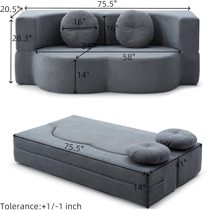 KEIKI 2-in-1 Folding Sofa Bed with Pillow Queen Sleeper Sofa Floor &amp Futon Loveseat Couch Foam Folding Mattress for Living Room Guest Use Office Apartment No Assembly Required Grey