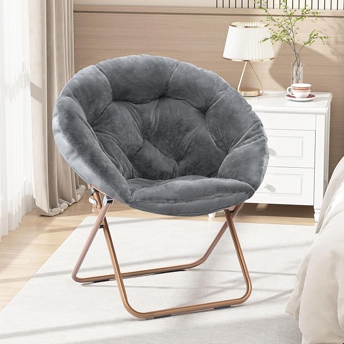 Cozy Saucer Chair Living Room Chair Faux Fur Soft Thick Padded Seat Metal Frame Folding Chair Comfortable Moon Chair for Living Room Bedroom Reading Nook Modern Style 1 Pack Gray