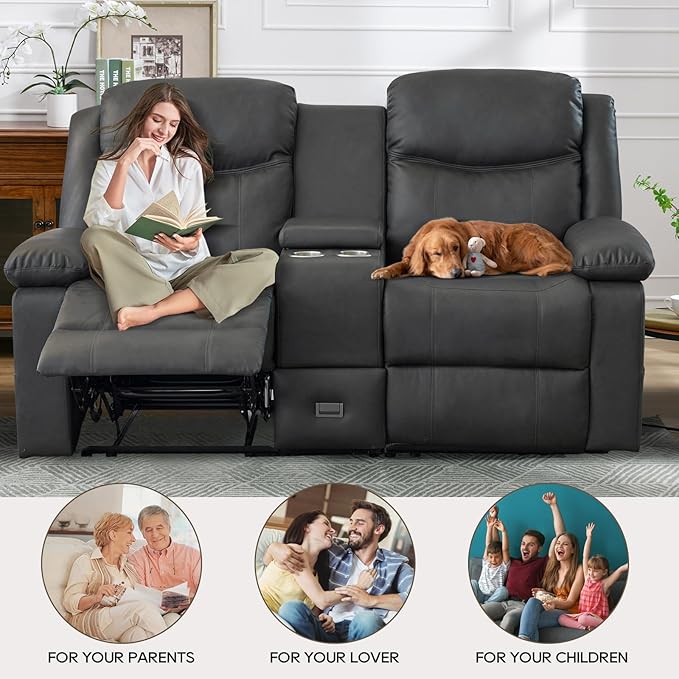 Loveseat Recliner Reclining Sofa with Console Double Reclining Couch 2 Seater Manual Massage Couch for Living Room Office Home Theater(PU-Grey)