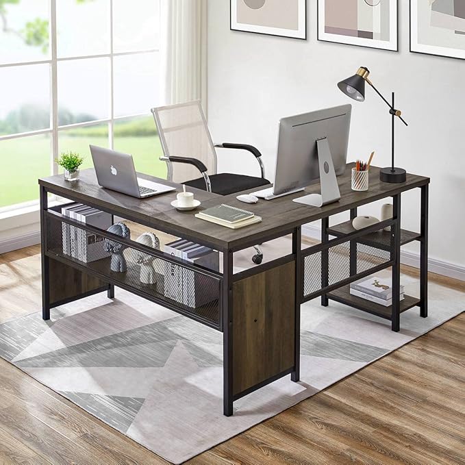 FATORRI L Shaped Desk Industrial Reversible Home Office Computer Desk with Wood Shelves Corner Desks with Metal Legs (Walnut Brown 59 Inch)