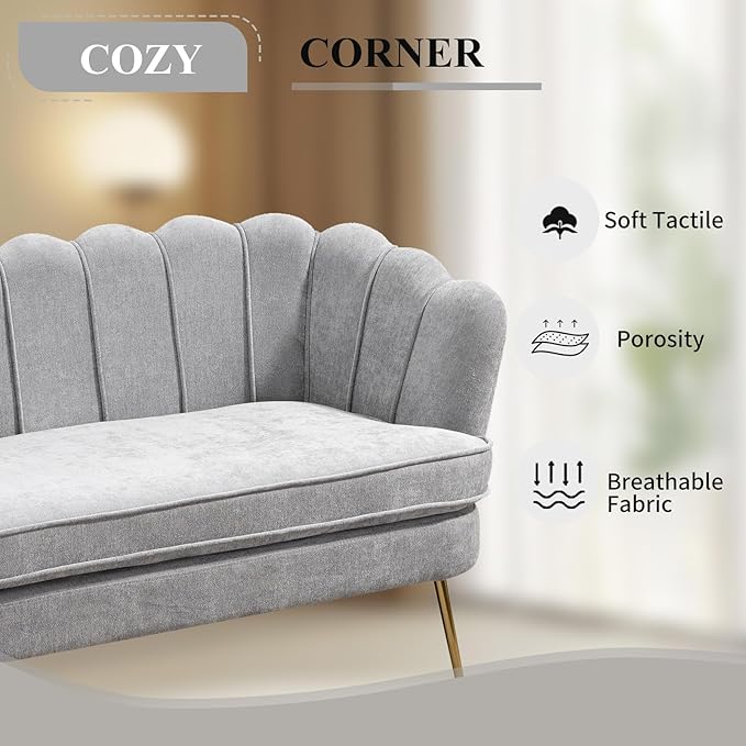 59 Wide Loveseat Sofa Chenille Upholstered Small Couch with Petal-Shaped Design Modern Leisure Sofa with Gold Metal Legs Mini Room Couch for Bedroom Apartment (Light Gray-Chenille)