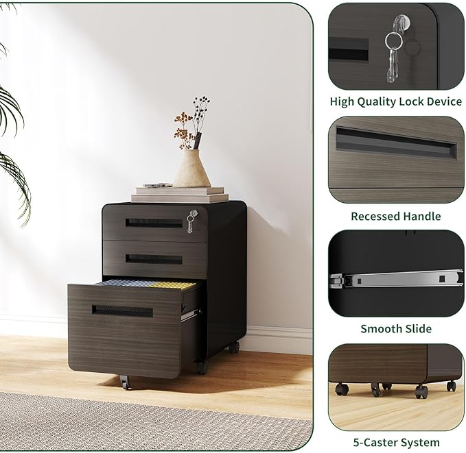 3 Drawer Mobile File Cabinet with LockUnder Desk Metal Filing Cabinets for Home Office Organizer Letters/Legal/A4 Fully Assembled (Black)