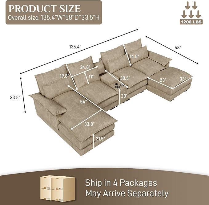 OUYESSIR 135 U Shaped Sectional Cloud CouchBrown Sectional Couches for Living RoomComfy Fluffy Chenille Oversized Cloud CouchModular Sectional Sofa with Central Console &amp Double Chaise Lounge