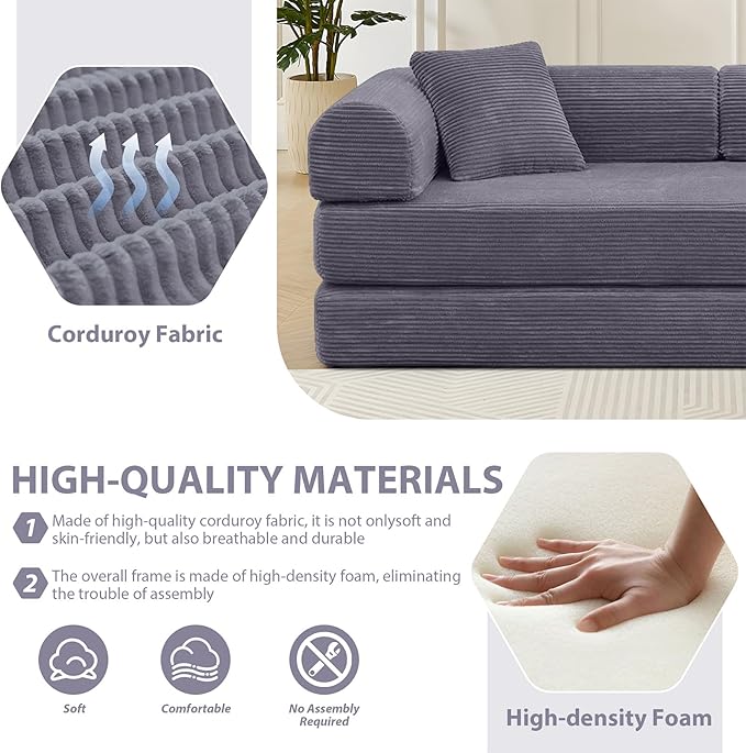 78 Convertible Sleeper Sofa Bed with Cylindrical Pillow Corduroy Folding Mattress Couch with Fixed Frame Floor Sofa Lounge Couch for Living Room Bedroom Apartment Dark Grey