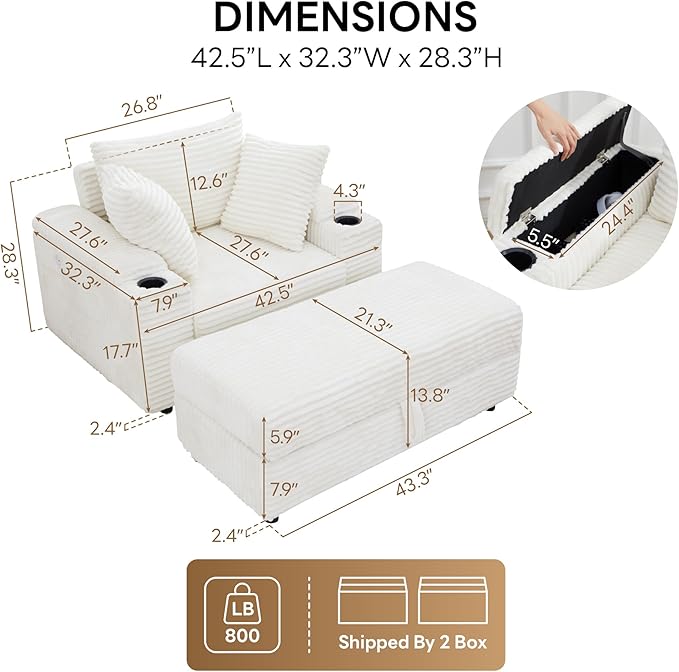 LIKIMIO 54''Oversized Chaise Lounge Chair IndoorFirm Solid Wood Frame with USB &amp Cup HolderComfy Corduroy OttomanReading Chair for Living Room Study Room (White)