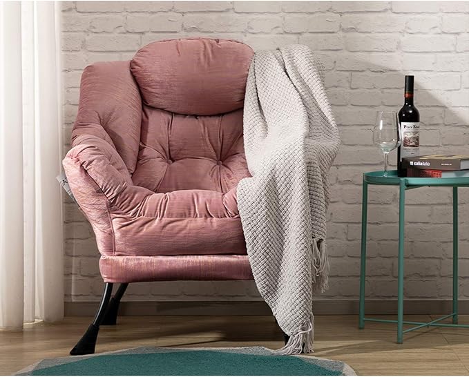 HollyHOME Lazy Chair with Armrest and Side Pocket Comfy Accent Lounge ChairLeisure Sofa Armchair for Living Room Bedroom Dorm or Small Spaces Oversized Reading Sofa ChairVelvet Gilding Pink