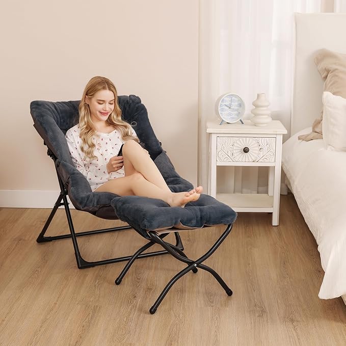 Comfy Saucer Chair for Adults Soft Faux Fur Bedroom Chair Accent Dorm Chairs Flexible Living Room Reading Chairs Oversized Folding Seat for Teens X-Large Navy Blue