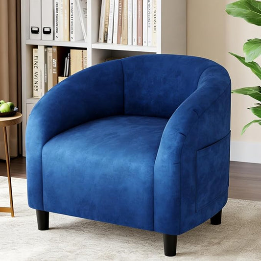 Accent Chair Velvet Barrel Chairs Comfy Round Club Armchair with Soft Cushion for Living Room Bedroom Reading Waiting Room Blue