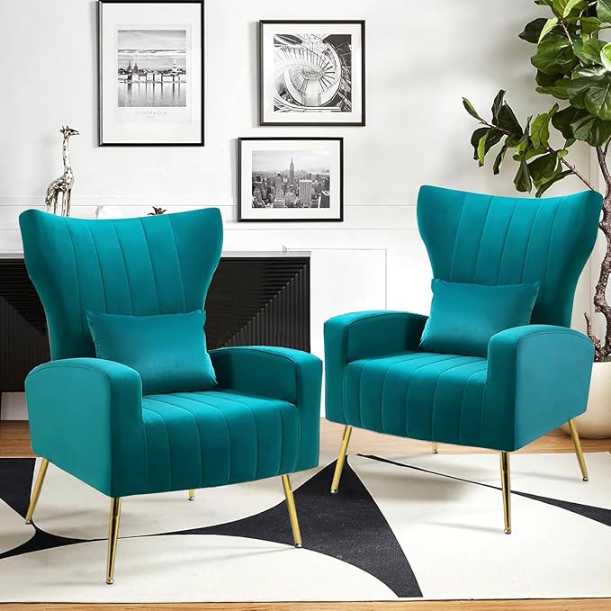 Velvet Accent Chair for Living Room Bedroom Modern Arm Chair with Wingback &amp Gold Metal Legs Lumbar Pillow Included Dark Teal