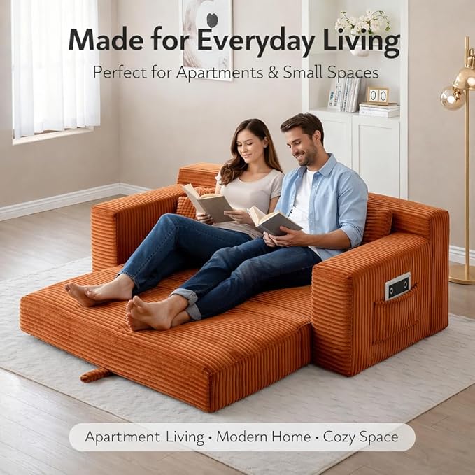 73INCH 2 in 1 Convertible Folding Couch Bed Corduroy Sleeper Sofa with Pull-Out Bed No Assembly Floor Sofa for Living Room Apartment &amp Small Spaces (Orange)