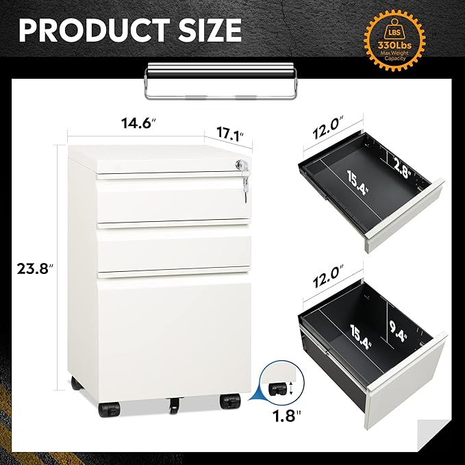 DEVAISE 3-Drawer Mobile File Cabinet (Under Office Desk) Assembled Except Casters Fits Letter/Standard Sizes White