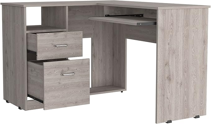 Light Grey L-Shaped Desk with 2 Drawers &amp Shelf - Spacious Work &amp Storage Space - Modern &amp Stylish Home Office