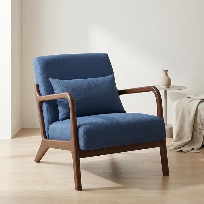 Modern Accent Chair Cotton Linen Fabric Upholstered Lounge Armchair with Solid Wood Frame for Living Room Bedroom Reading Nook (Blue)