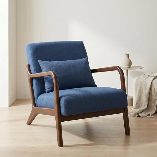 Modern Accent Chair Cotton Linen Fabric Upholstered Lounge Armchair with Solid Wood Frame for Living Room Bedroom Reading Nook (Blue)