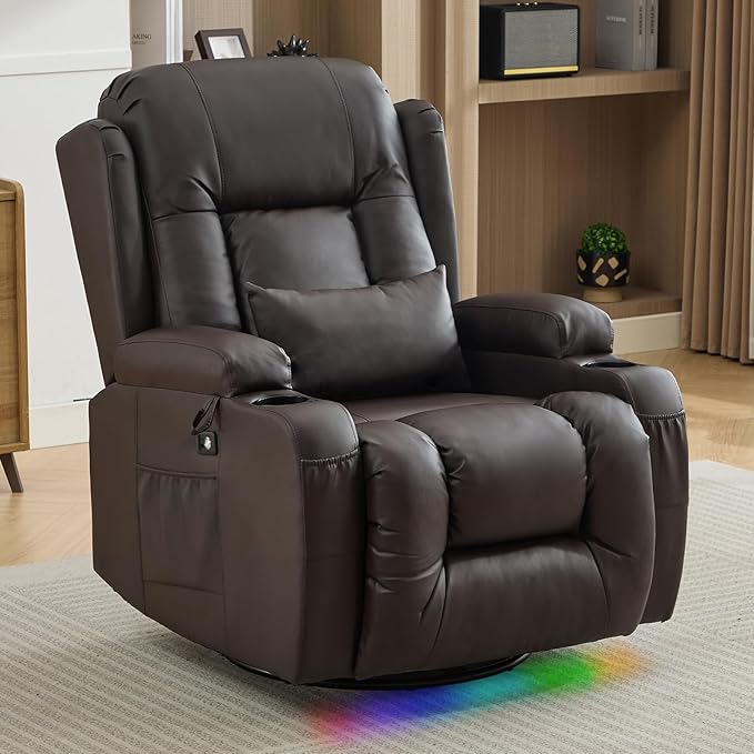 IPKIG Rocking Recliner Chair Upholstered Manual Recliner Chair 360° Swivel Glider Rocker Chair with LED Light USB Port Side Pocket Cup Holders Lumbar Pillow for Living Room Home Theater (Brown)