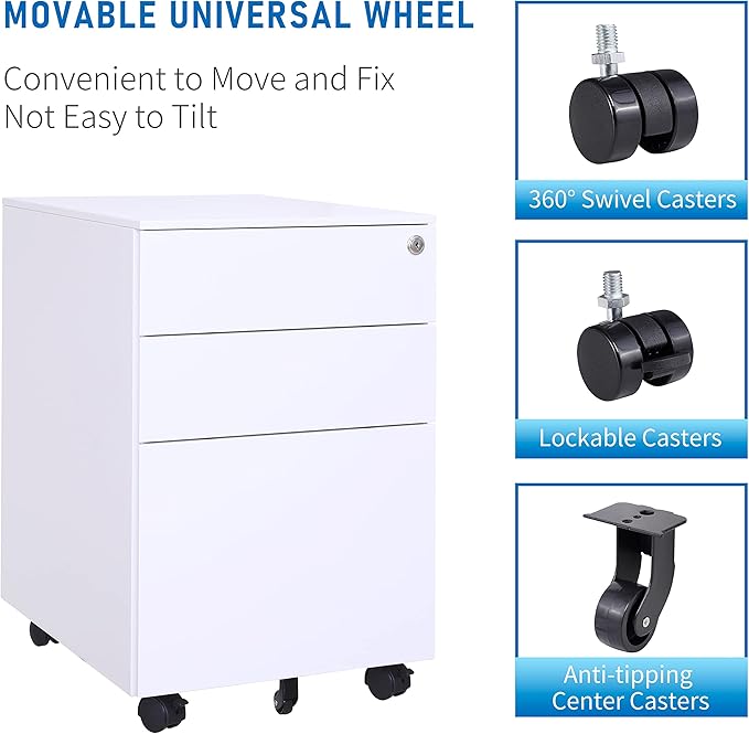 Generic 3 Drawer Mobile File Cabinet with Lock Steel File Cabinet for LegalLetterA4F4 Size Fully Assembled Include Wheels Home Office Design White