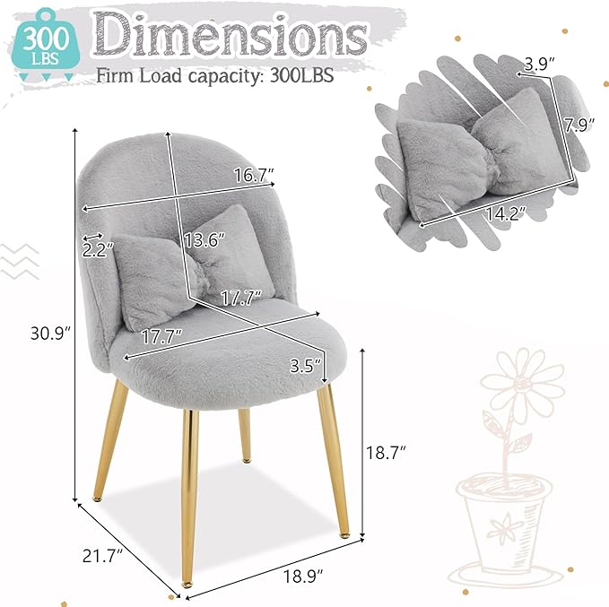 VINGLI Fluffy Girls Vanity Chair with Back &amp PillowCute Small Cozy Desk Chair No WheelsComfy Makeup Ch with Ajustable Gold Legsfor BedroomLiving RoomSmall SpaceGrey