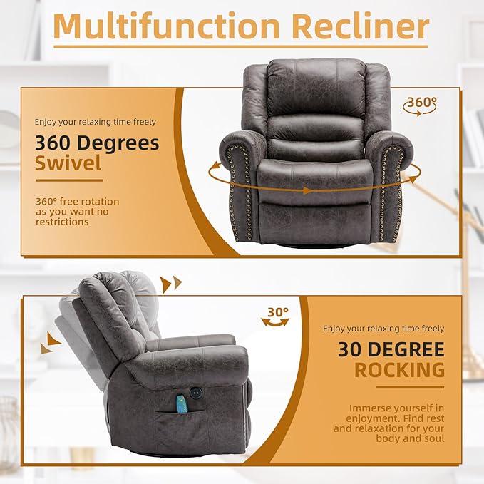Manual Massage Recliner with Heating Function 360° Swivel Glider Rocking Recliner Chair for Living Room Ergonomic Single Sofa Chair with Remote Control/USB Ports/Side Pockets(Grey)