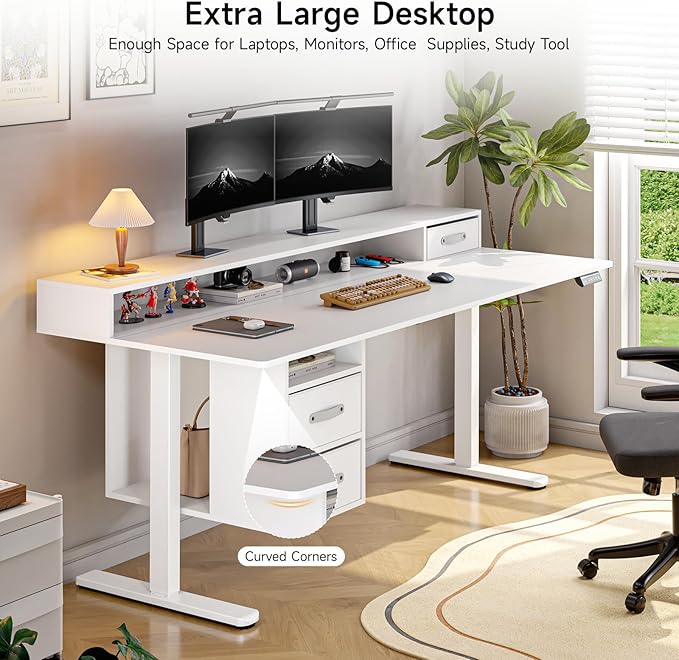 ONBRILL Standing Desk with Drawers 55x24 Inch Electric Stand Up Desk with 3 Drawers and Open Storage Shelf Adjustable Height 28-46 Inches for Home and Computer Workstation White