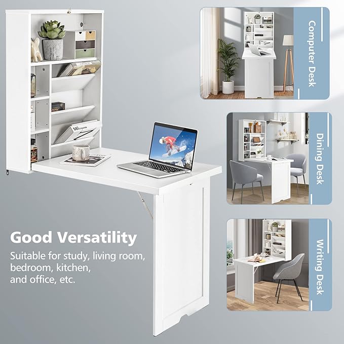 Folding Wall Mounted Desk Fold Down Table with Storage Shelves Wood Convertible Floating Table for Small Spaces Murphy Desk Wall Mount for Home Office (White)