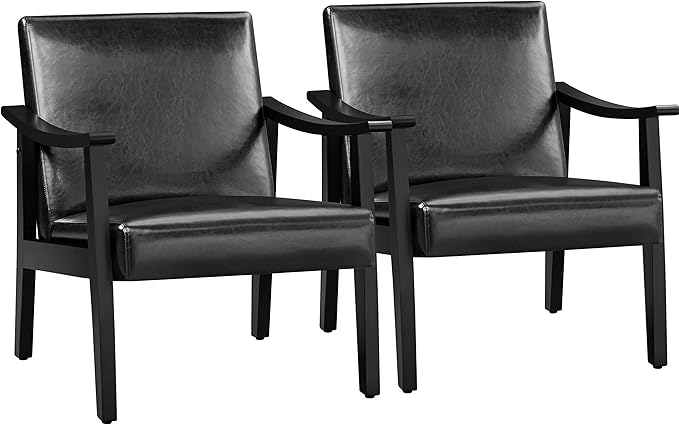 Yaheetech PU Leather Accent Chair Mid-Century Modern Armchair with Solid Wood Legs Reading Leisure Chair with High Back for Living Room Bedroom Waiting Room 2 Pieces Black
