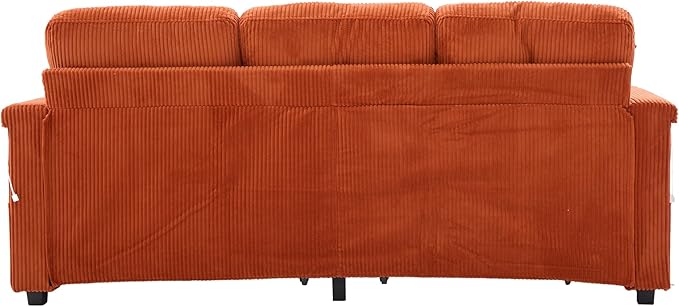 76.8 L-Shaped Sleeper Sofa with Storage Ottoman USB Ports Cup Holders&ampLED Lights Side Pockets Comfy Corduroy Modern 3-Seater Small Couch Bed for Living Room with 2 Throw Pillows (Orange)