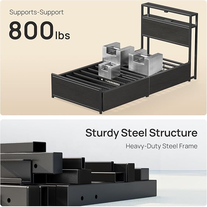Rolanstar Twin Bed Frame with 4 Storage Drawers Charging Station and LED Lights Metal Platform Bed with 2-Tier Storage Headboard No Box Spring Needed Easy Assembly Noise-Free Black