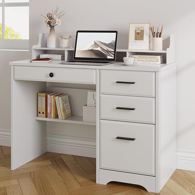 4 EVER WINNER White Desk with Drawers Small Desk with File Drawer for Small Spaces Writing Desk with Monitor Stand Wood Table for Study Home Office White