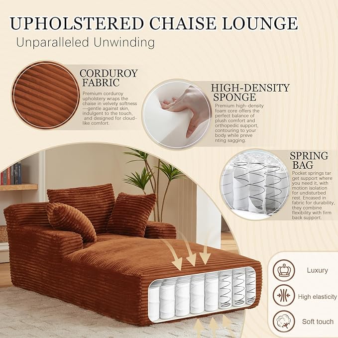 80 Inch Oversized Chaise Lounge Chair IndoorBoneless Corduroy Sofa Bed with Spring CushionDeep Seat Cloud Couch and Reading LoungerSoft Sleeper Sofa for Living RoomNo Assembly Required (Orange)