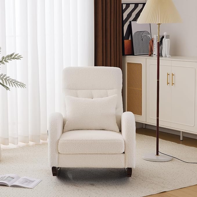 VINGLI Teddy Fleece Low Seat Rocking ChairBoucle Upholstered Nursery Glider Chair with Side PocketsAccent Arm Chair with High BackrestComfy Head RestSolid Woodfor Living Room BedroomBeige