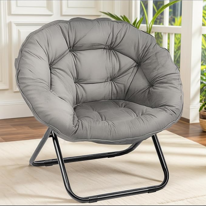 Folding Saucer Chair Lazy Moon Chair with Metal Frame Comfy Bedroom Chairs for Bedroom Living Room Study Grey JC