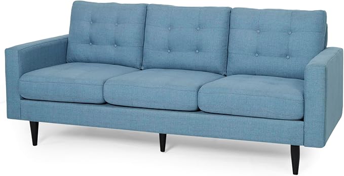 Christopher Knight Home Jenby Modern 3-Seater Sofa Tufted Waffle Stitch Fabric Couch with Rubberwood Tapered Legs Modern Living Room Sofa Couch for Family &amp Guests Blue