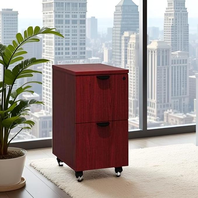 Compact Mobile Pedestal Mahogany Finish Under Desk File Cabinet Rolling Office Storage Drawer Unit Lockable Wood Organizer Furniture for Home Workspace Modern Executive Business Interiors