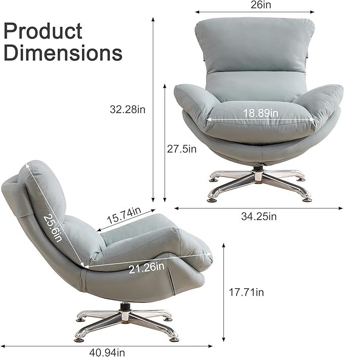 360° Swivel Oversized Accent Chairs Set of 2 Fabric Upholstered High Back &amp Thick Cushion Ergonomic Comfy Reading Lounge Sleeper Chair with Sturdy Metal Base for Living Room Bedroom Blue