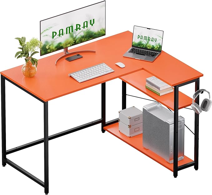 Pamray 43 Inch L Shaped Computer Desk with Reversible Side Storage Shelves Small Corner Desk for Small Space Home OfficeWriting Study PC Table for BedroomOrange