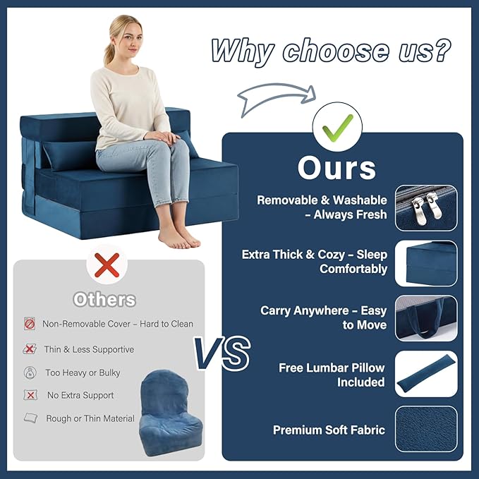 Tiita Folding Sofa Bed Couch Twin Size Foldable Futon Chair with Pillow Folding Sleeper Sofa Chair Bed Floor Mattress for Guest Room Living Room Blue