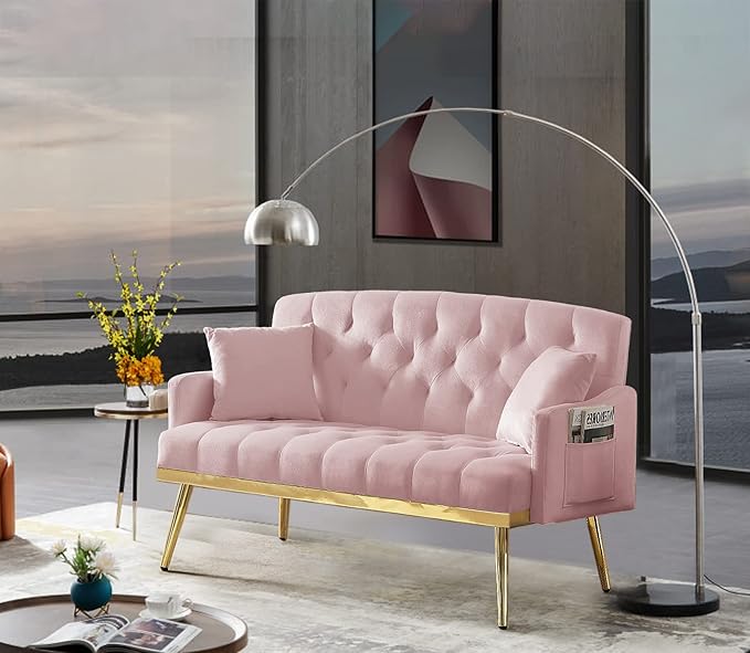 Antetek Upholstered Velvet Loveseat Sofa Modern Small Couch with Side Pocket and Golden Metal Legs Tufted Leisure Sofa for Living Room Bedroom Office Pink