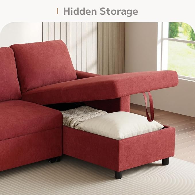 L-Shaped Sleeper Sofa with Chaise Lounge &amp Storage Pull-Out Couch Bed with Recliner Full Size Futon for Living Room Office Apartment Red