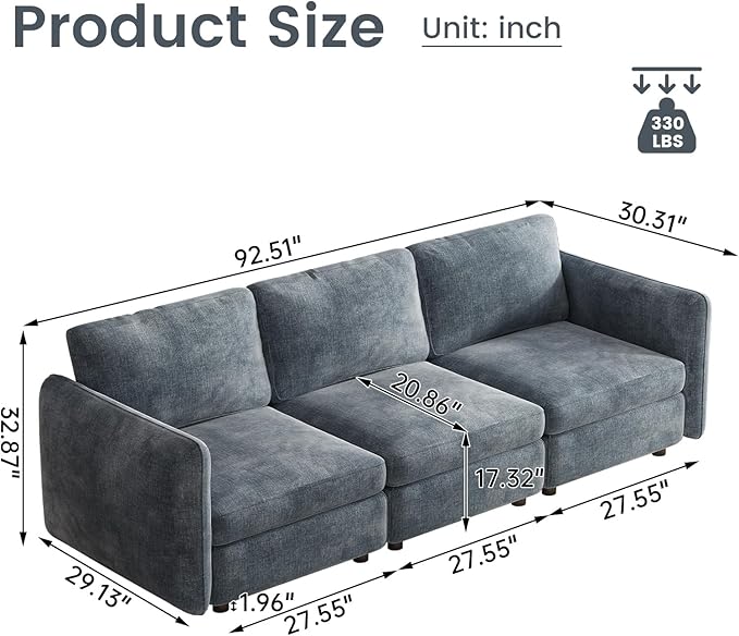 Guyii Small 3 Seats Sofa Apartment Modular Sectional Couch 3 Seater Deep Seat Sofa for Living Room Bedroom Apartment Office