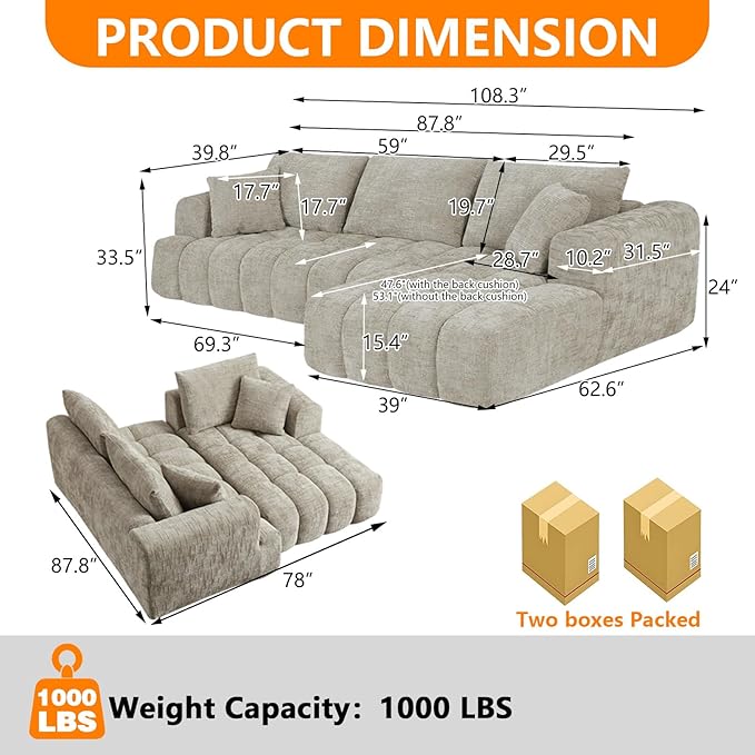 Luxury 108 Sofa with Oversized Chaise L-Shaped Chenille Modular Cloud Couch with Deep Seat &amp 2 Pillows Orange Boneless Couches for Living Room Apartments Homes (Khaki Left Facing Chaise)