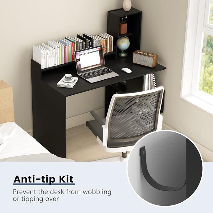 Tangkula Computer Desk with Storage Bookshelf &amp Hutch 48” Modern Home Office Desk with 8 Storage Shelves Space Saving Writing Study Desk for Bedroom Compact Computer Workstation for Home (Black