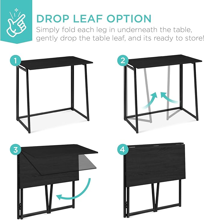 Best Choice Products 31.5in Folding Drop Leaf Desk Table Computer Workstation for Home Office w/Wood Table Top Back Shelf Portable Space Saving - Black/Black